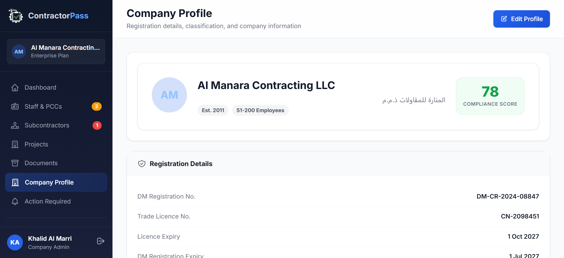 ContractorPass Company Profile view holding classification tier, trade licence details, and register status