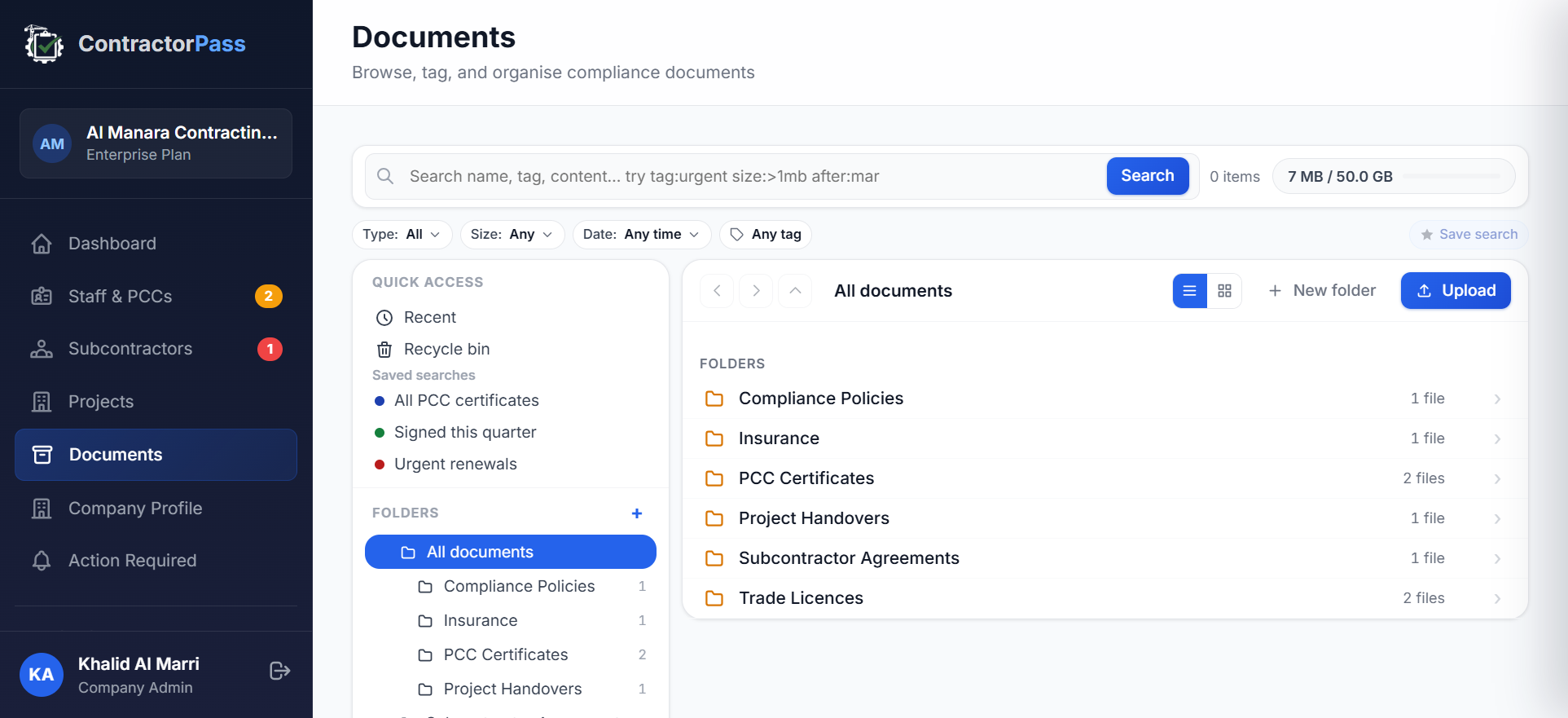 ContractorPass Document Manager showing folders, tags, and saved searches for Dubai Law No. 7 compliance